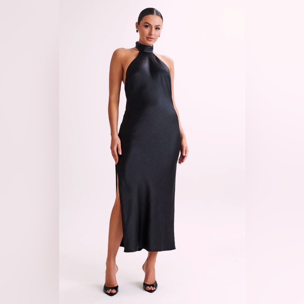 Meshki Paulette Satin Black Halter Dress